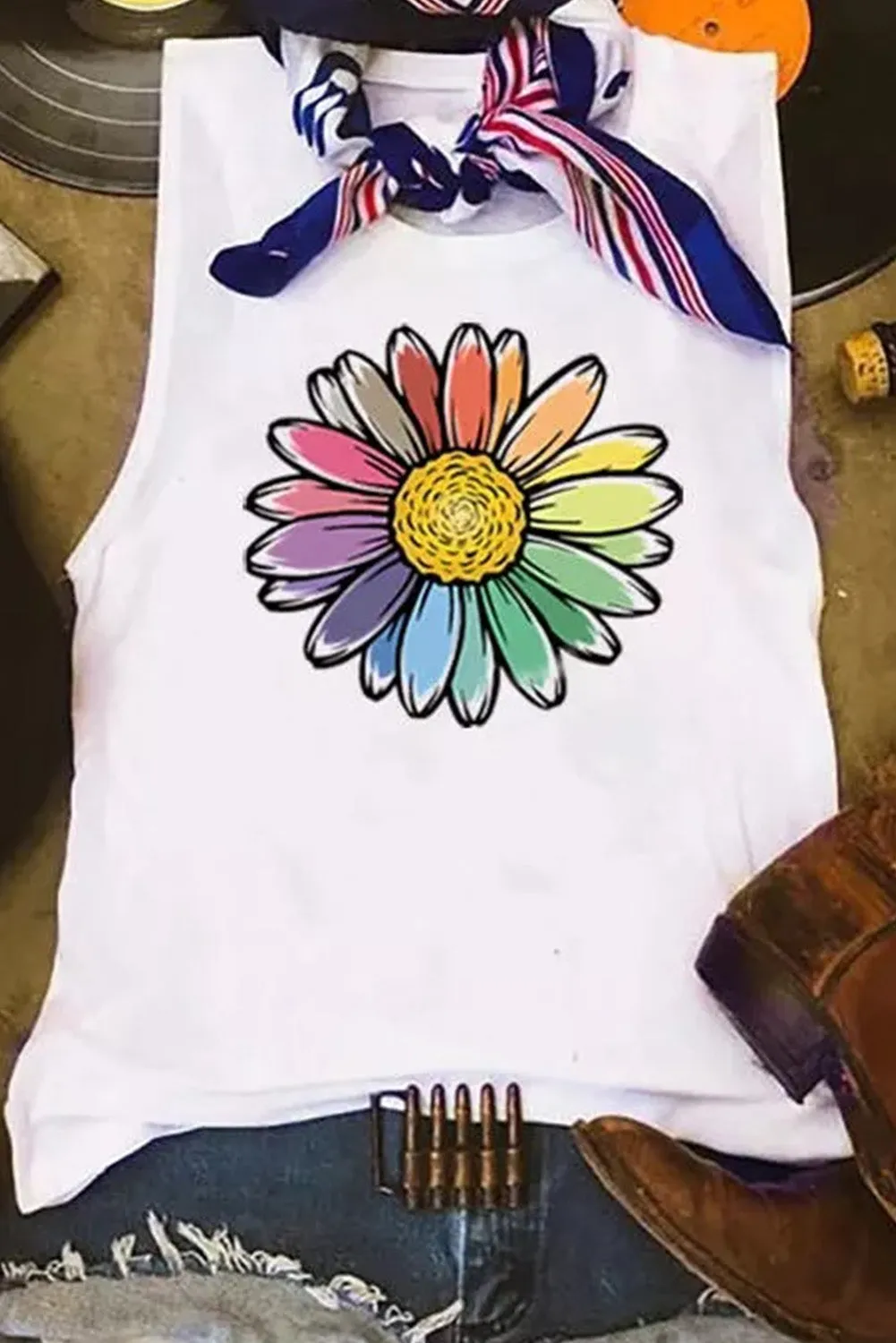 Womens Crew Neck Tank Tops Summer Rainbow Daisy Sleeveless Tops
