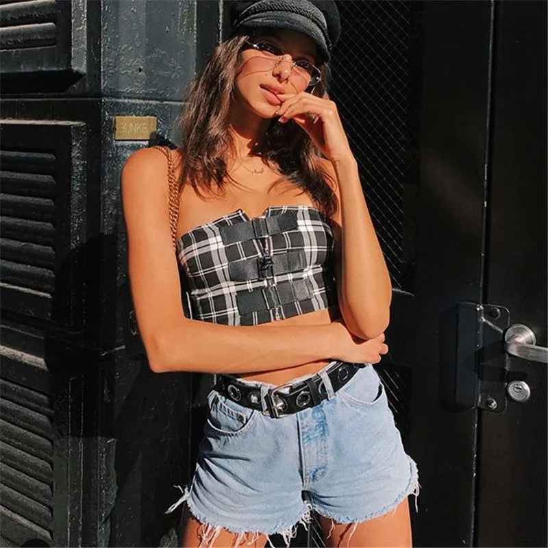 Women's Summer Plaid Off-Shoulder Strapless Cropped Tube Top
